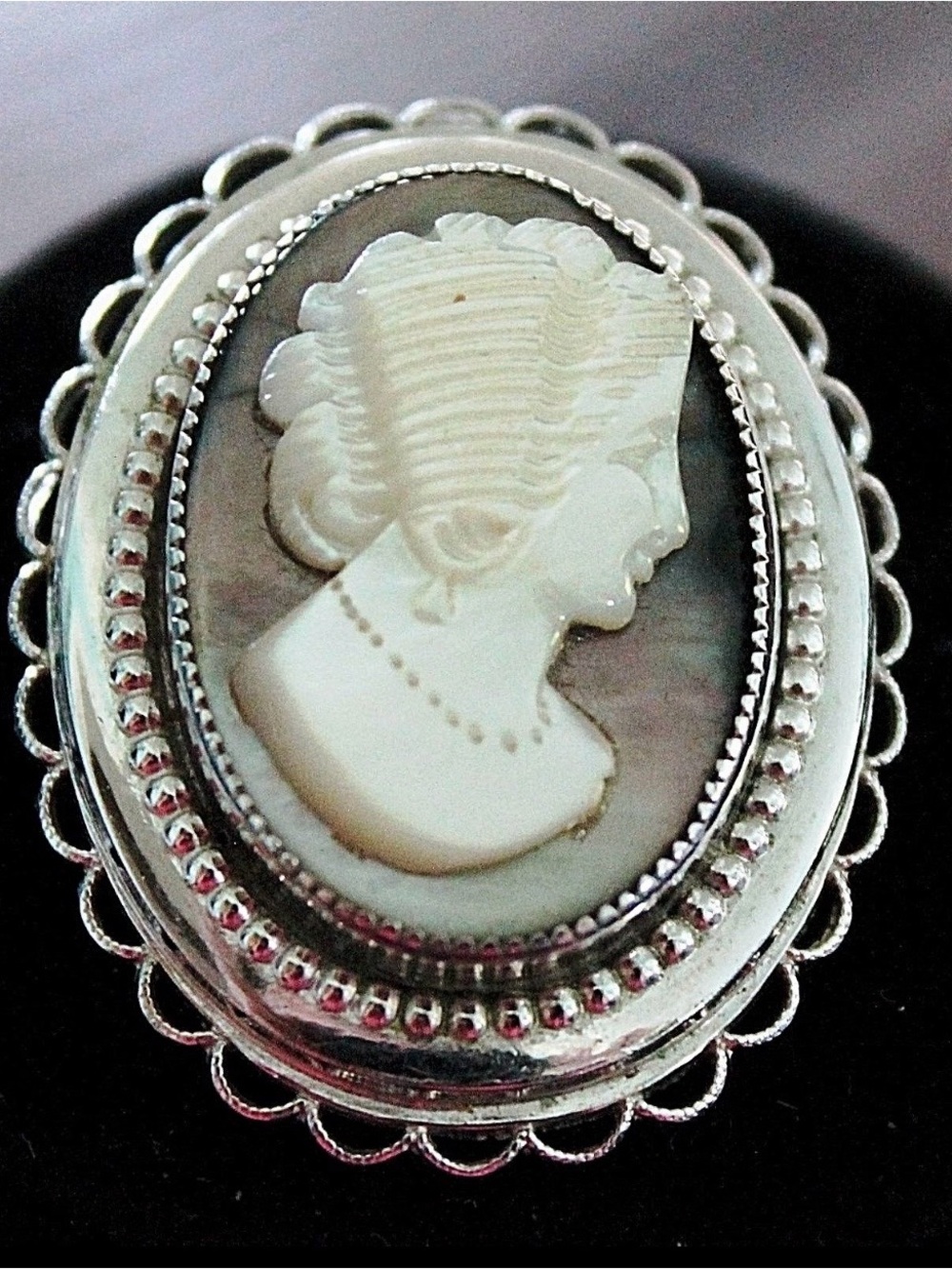 Victorian Revival Cameo Brooch/Pendant Mother Of Pearl Abalone Sterling/Rhodium